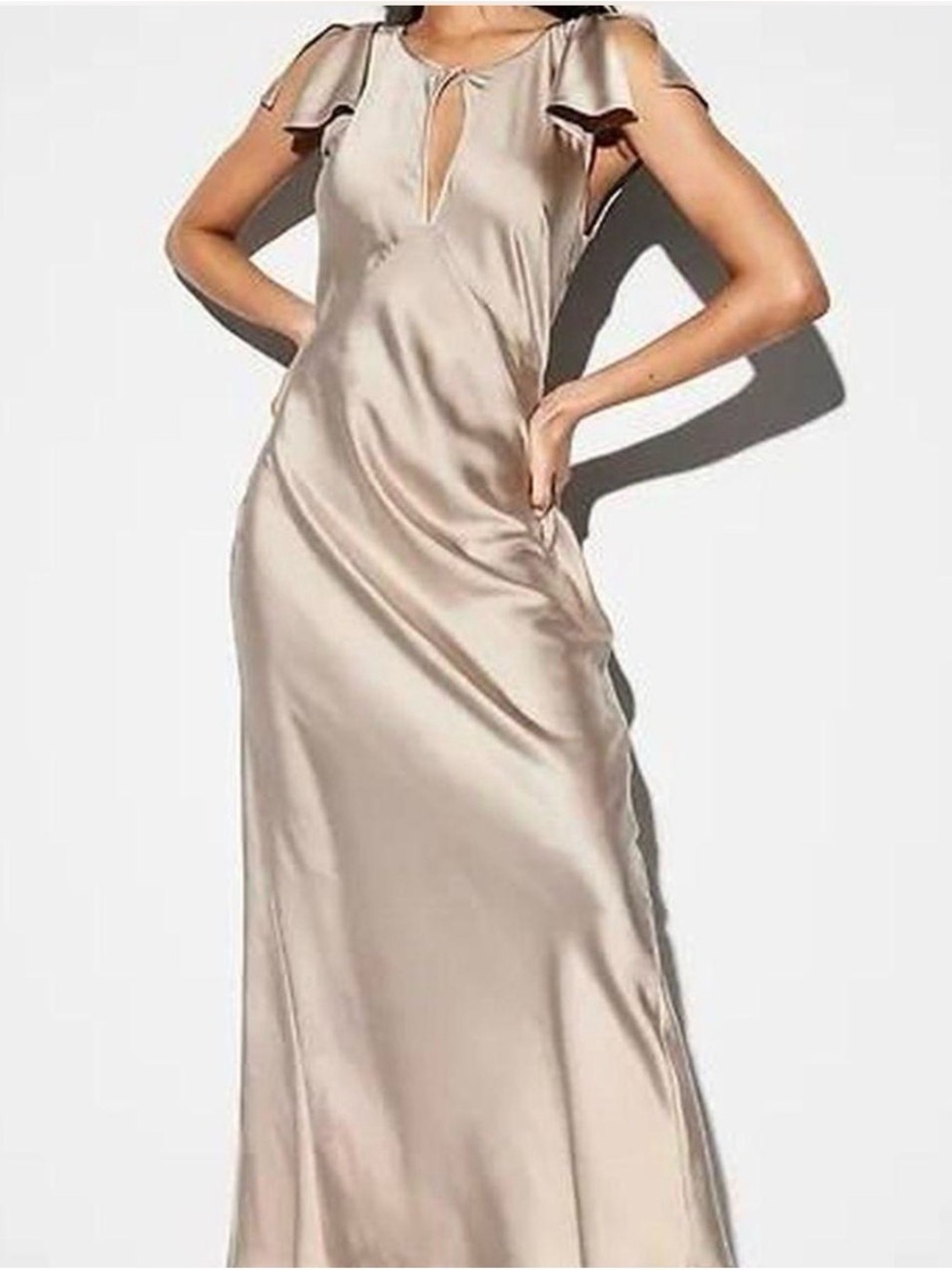 Satin Maxi Dress with Flutter Sleeves in Champagne Old Hollywood Glamour